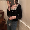 2023 Single Breasted Chic Serbaguna Kasual Lengan Panjang Blus Retro Renda O-Leher Bahasa Perancis Beludru Desain Kemeja
