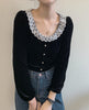 2023 Single Breasted Chic Serbaguna Kasual Lengan Panjang Blus Retro Renda O-Leher Bahasa Perancis Beludru Desain Kemeja