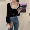 2023 Single Breasted Chic Serbaguna Kasual Lengan Panjang Blus Retro Renda O-Leher Bahasa Perancis Beludru Desain Kemeja