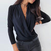 2023 Spring Autumn  Elegant Shirt Women Autumn Sexy Long Sleeve Deep V Neck Solid Color Blouse Top Slims Fit Shirt