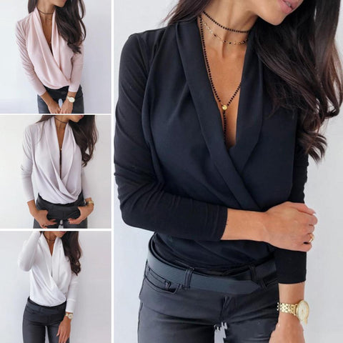 2023 Spring Autumn  Elegant Shirt Women Autumn Sexy Long Sleeve Deep V Neck Solid Color Blouse Top Slims Fit Shirt