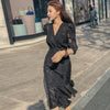 2022 Spring Korean Style Office Ladies Midi Mermaid Dress Women Chiffon Three Quarter Sleeve Bodycon Ruffles Party Dresses