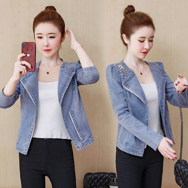 2022 Spring and Autumn Korean Elastic Denim Slim Short Coat Long Sleeve Beaded Jacket Female Zipper Jeans Suit Jacket K355