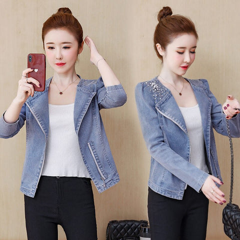 2022 Spring and Autumn Korean Elastic Denim Slim Short Coat Long Sleeve Beaded Jacket Female Zipper Jeans Suit Jacket K355