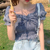 2023 Square Collar Crop Tops Women Summer Plaid Puff Sleeve Shirts Lady Sweet Beach Blouse