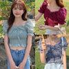 2023 Square Collar Crop Tops Women Summer Plaid Puff Sleeve Shirts Lady Sweet Beach Blouse