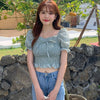 2023 Square Collar Crop Tops Women Summer Plaid Puff Sleeve Shirts Lady Sweet Beach Blouse