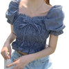 2023 Square Collar Crop Tops Women Summer Plaid Puff Sleeve Shirts Lady Sweet Beach Blouse