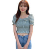2023 Square Collar Crop Tops Women Summer Plaid Puff Sleeve Shirts Lady Sweet Beach Blouse