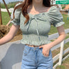 2023 Square Collar Crop Tops Women Summer Plaid Puff Sleeve Shirts Lady Sweet Beach Blouse