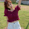 2023 Square Collar Crop Tops Women Summer Plaid Puff Sleeve Shirts Lady Sweet Beach Blouse