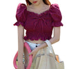 2023 Square Collar Crop Tops Women Summer Plaid Puff Sleeve Shirts Lady Sweet Beach Blouse