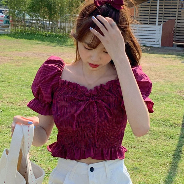 2023 Square Collar Crop Tops Women Summer Plaid Puff Sleeve Shirts Lady Sweet Beach Blouse