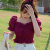2023 Square Collar Crop Tops Women Summer Plaid Puff Sleeve Shirts Lady Sweet Beach Blouse