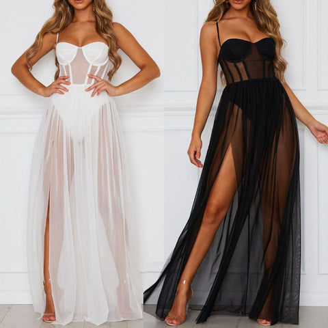 2022 Summer Dress Womens Sexy Perspective Mesh Gauze Sleeveless Backless Party Dress Black White Long Maxi Dresses Beach Dress