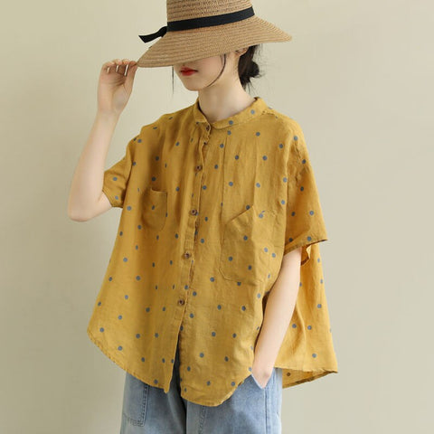 2023 Summer Arts Style Women Short Sleeve Loose Polka Dot Shirts all-matched Casual Turn-down Collar Vintage Blouses S891