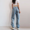 2022 Summer Light Blue Women Asymmetric Fly Jeans With Button Closure Split Waist Straight Leg Jeans Plus Size 2S4F