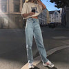 2022 Summer Light Blue Women Asymmetric Fly Jeans With Button Closure Split Waist Straight Leg Jeans Plus Size 2S4F