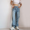 2022 Summer Light Blue Women Asymmetric Fly Jeans With Button Closure Split Waist Straight Leg Jeans Plus Size 2S4F