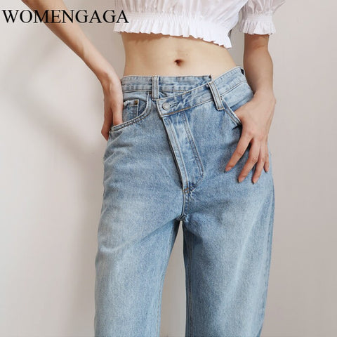 2022 Summer Light Blue Women Asymmetric Fly Jeans With Button Closure Split Waist Straight Leg Jeans Plus Size 2S4F