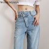 2022 Summer Light Blue Women Asymmetric Fly Jeans With Button Closure Split Waist Straight Leg Jeans Plus Size 2S4F