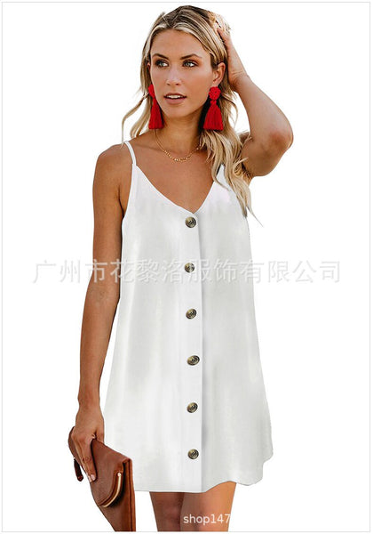 2023 Summer V-neck Button Sleeveless Sexy Suspender Beach Dress