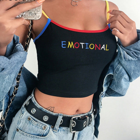 2022 Summer Women Crop Top Cropped Ladies Spaghetti Strap Elastic Camisole Sexy EMOTIONAL Letter Embroidery Tank Tops