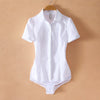 2023 Summer Women Workwear Short Sleeve Turn-down Collar Pleated Formal Shirt Bodysuit Blouse Gray Striped Body Shirts Plus Size