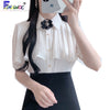 2023 Summer Women's Cute Sweet Vintage Bow Tie Ruffled Tops Sales Button Elegant Formal Shirts Blouses White 4512