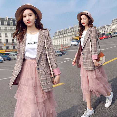 2022 Vintage Single Button Plaid Women Blazer Spring Summer Pockets Jackets Female Retro Suits Coat Work Outerwear Blaser