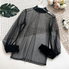2023 Wanita Bordir Lentera Lengan Pullover Renda Voile Dasar Kemeja Wanita Musim Gugur Musim Dingin Slim Mengacak-acak Mesh Kasa Renda Blus Tops