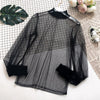 2023 Wanita Bordir Lentera Lengan Pullover Renda Voile Dasar Kemeja Wanita Musim Gugur Musim Dingin Slim Mengacak-acak Mesh Kasa Renda Blus Tops
