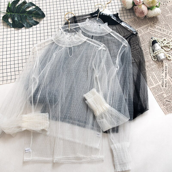 2023 Wanita Bordir Lentera Lengan Pullover Renda Voile Dasar Kemeja Wanita Musim Gugur Musim Dingin Slim Mengacak-acak Mesh Kasa Renda Blus Tops