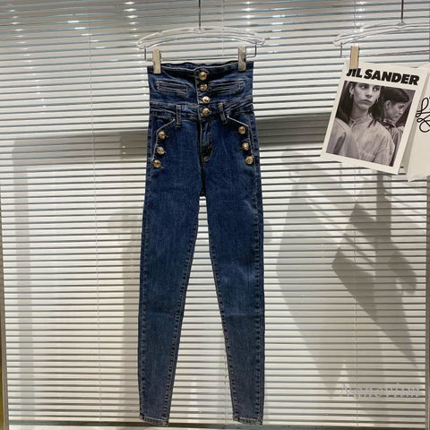 2022 Winter Women's Retro High Waist Elastic Slim Fit Socialite Elegant Pencil Jeans Lady Tight Denim Pants