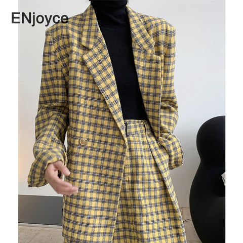 2022 Winter Wool Suit Women Retro Plaid Blazer Oversized Vintage Coat Female Lattice Wide Shoulder Japan Harajuku Stylish Jacket