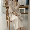 2022 Women Autumn Beige Loose Long Brief Folds Dress Three Quarter Sleeve Pullover Midi Dresses Elastic Round Neckline