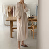2022 Women Autumn Beige Loose Long Brief Folds Dress Three Quarter Sleeve Pullover Midi Dresses Elastic Round Neckline