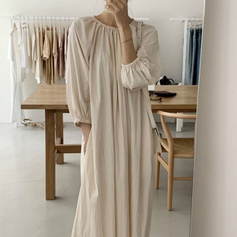 2022 Women Autumn Beige Loose Long Brief Folds Dress Three Quarter Sleeve Pullover Midi Dresses Elastic Round Neckline