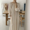 2022 Women Autumn Beige Loose Long Brief Folds Dress Three Quarter Sleeve Pullover Midi Dresses Elastic Round Neckline