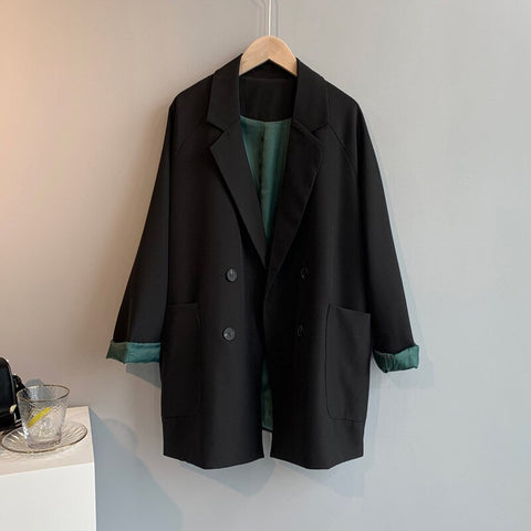 2022 Women Autumn Coat Turn Down Collar Blazer Feminino Double Breasted Vintage Ladies Coat Black Casaco Feminino Tops For Women