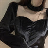 2023 Women Bottoming Blouse Spring Autumn Sweet Velvet Patchwork Mesh Shirt Female Long Sleeve Blouses Short Tops AB2005