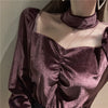 2023 Women Bottoming Blouse Spring Autumn Sweet Velvet Patchwork Mesh Shirt Female Long Sleeve Blouses Short Tops AB2005