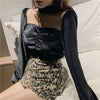 2023 Women Bottoming Blouse Spring Autumn Sweet Velvet Patchwork Mesh Shirt Female Long Sleeve Blouses Short Tops AB2005