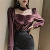 2023 Women Bottoming Blouse Spring Autumn Sweet Velvet Patchwork Mesh Shirt Female Long Sleeve Blouses Short Tops AB2005