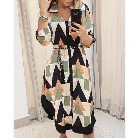 2023 Women Casual Dress Wave Pattern Split Hem Long Sleeve Shirt Dress For Women Turn-Down Collar Loose Maxi Dress Lady