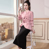 2022 Women 2 Piece Set Skirt Suit of  Slim Elegant Ruffles Green Pink Blazer