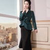 2022 Women 2 Piece Set Skirt Suit of  Slim Elegant Ruffles Green Pink Blazer