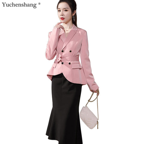 2022 Women 2 Piece Set Skirt Suit of  Slim Elegant Ruffles Green Pink Blazer