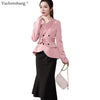 2022 Women 2 Piece Set Skirt Suit of  Slim Elegant Ruffles Green Pink Blazer