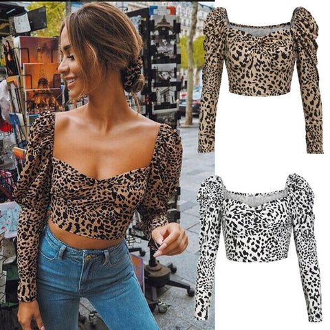 2023 Women Leopard Print Top Sexy Scoop Neck Long Sleeve Summer Bustier Crop Top Tank Tops Vest Slim Fit Blouse Shirt